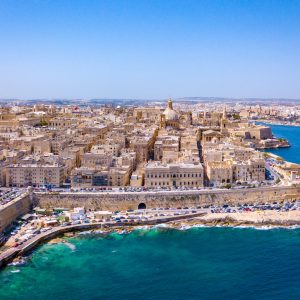 An aerial shot of the ancient city Valletta in Malta